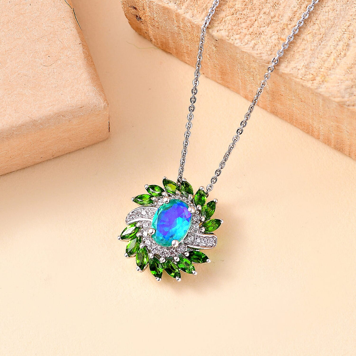 Peacock Triplet Quartz, Natural Chrome Diopside, White Zircon Halo Pendant with Chain (Size 20) in Rhodium Overlay Sterling Silver Silver 4308157 2