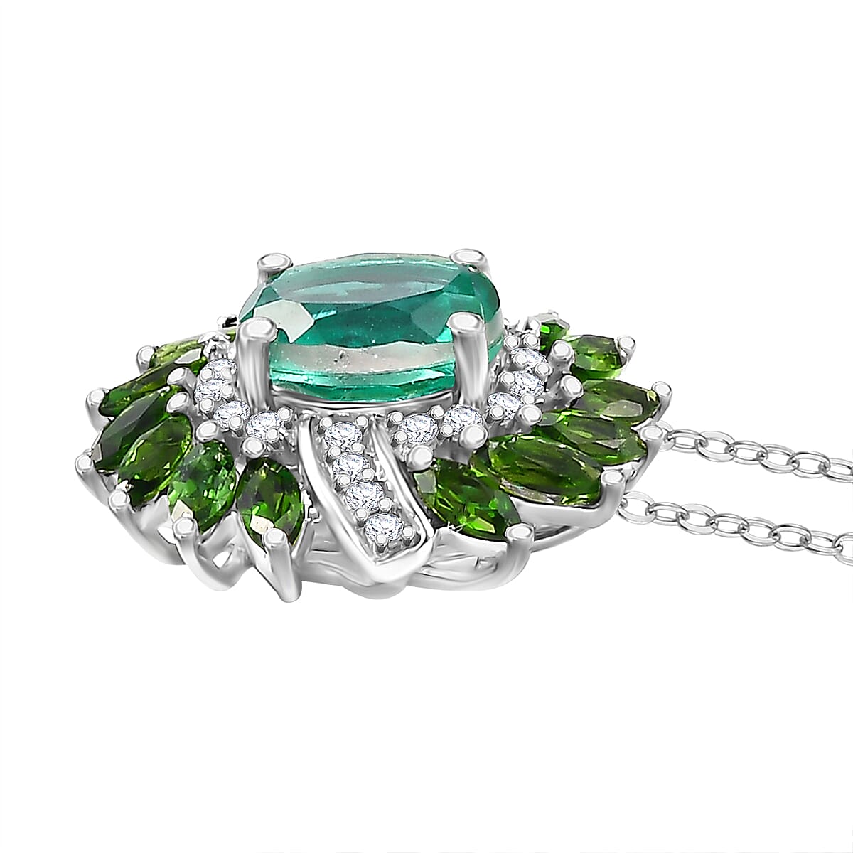 Peacock Triplet Quartz, Natural Chrome Diopside, White Zircon Halo Pendant with Chain (Size 20) in Rhodium Overlay Sterling Silver Silver 4308157 4