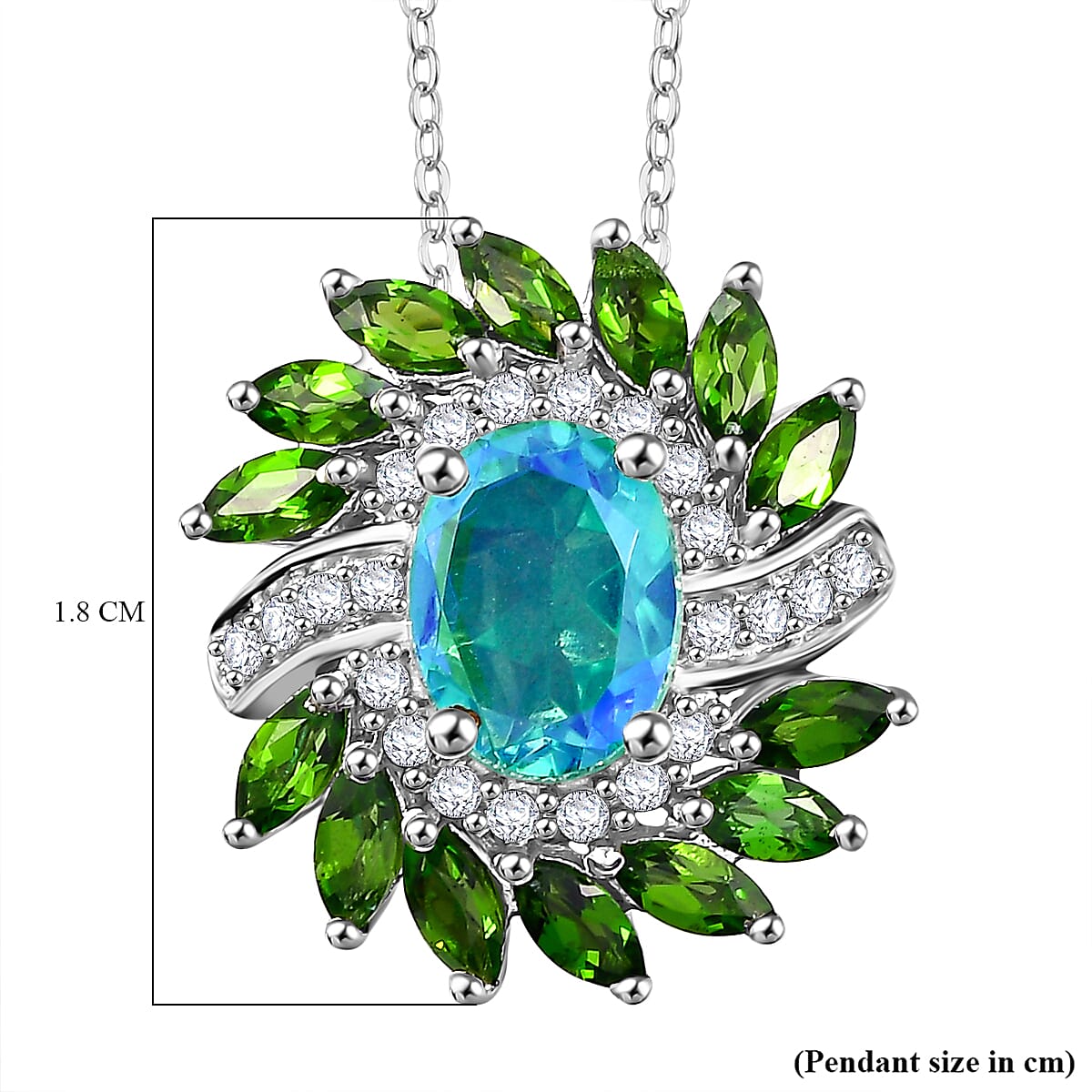 Peacock Triplet Quartz, Natural Chrome Diopside, White Zircon Halo Pendant with Chain (Size 20) in Rhodium Overlay Sterling Silver Silver 4308157 6
