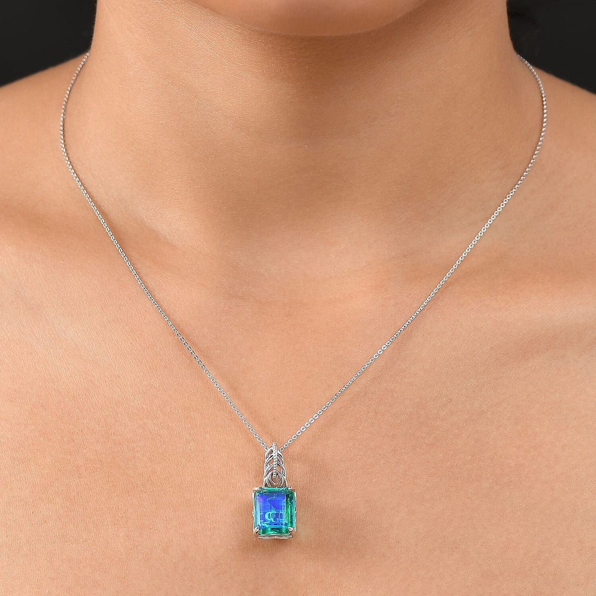 D'joy Peacock Triplet Quartz Solitaire Pendant with Chain (Size 20) in Rhodium Overlay Sterling Silver 7.21 Ct. 4397685 2