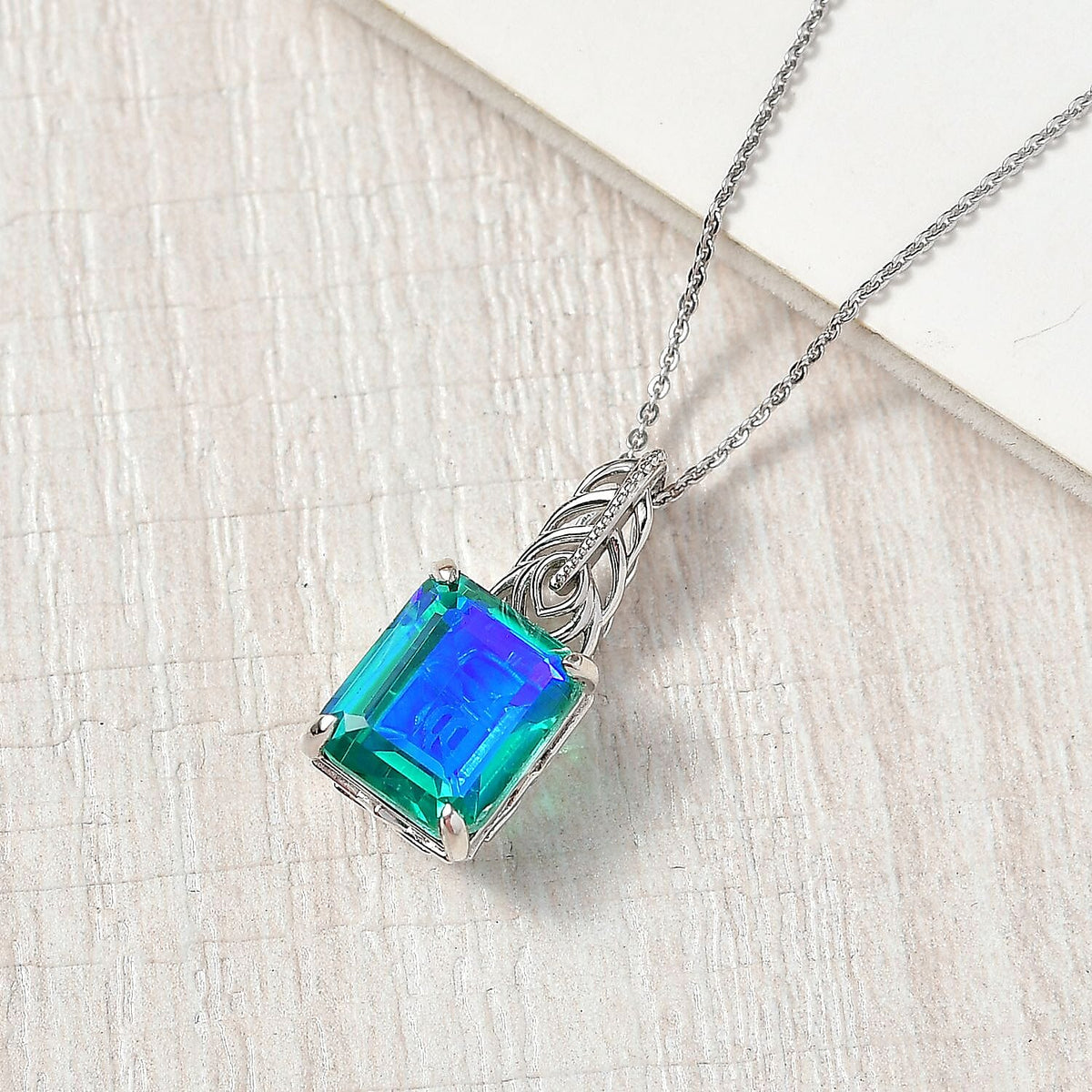 D'joy Peacock Triplet Quartz Solitaire Pendant with Chain (Size 20) in Rhodium Overlay Sterling Silver 7.21 Ct. 4397685 3