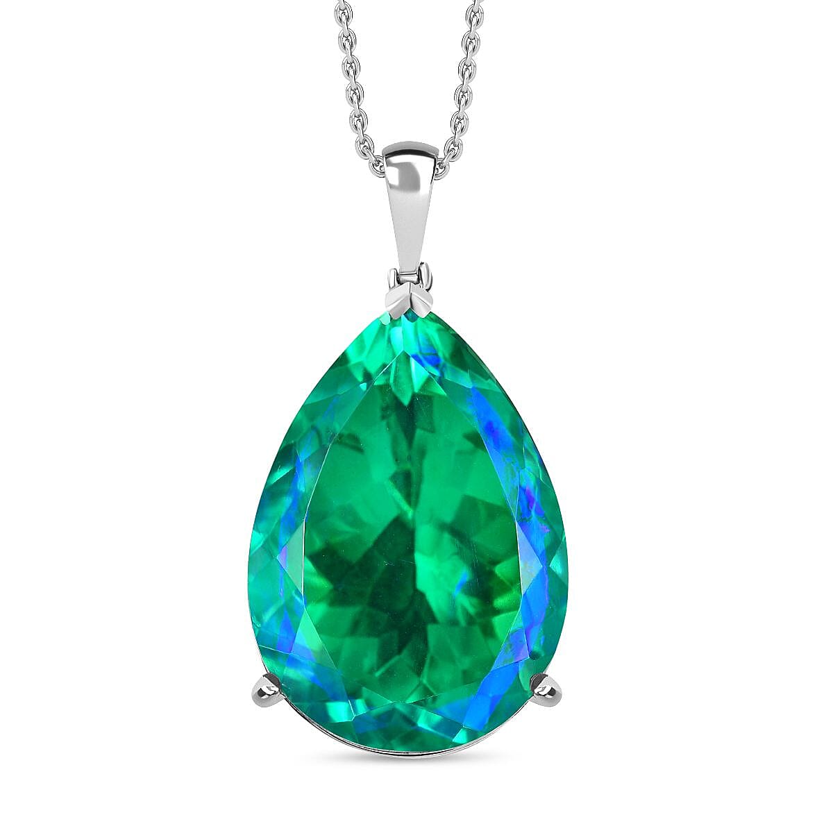 Peacock Triplet Quartz Teardrop Pendant with Chain (Size 20) in Rhodium Sterling Silver 4305994 0