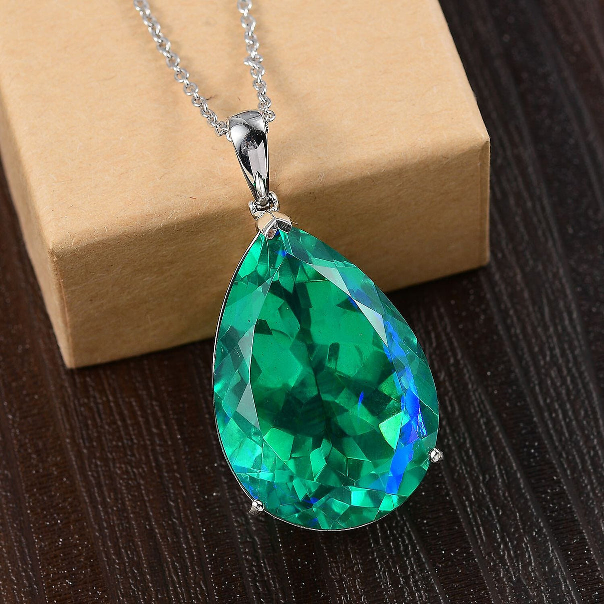 Peacock Triplet Quartz Teardrop Pendant with Chain (Size 20) in Rhodium Sterling Silver 4305994 3