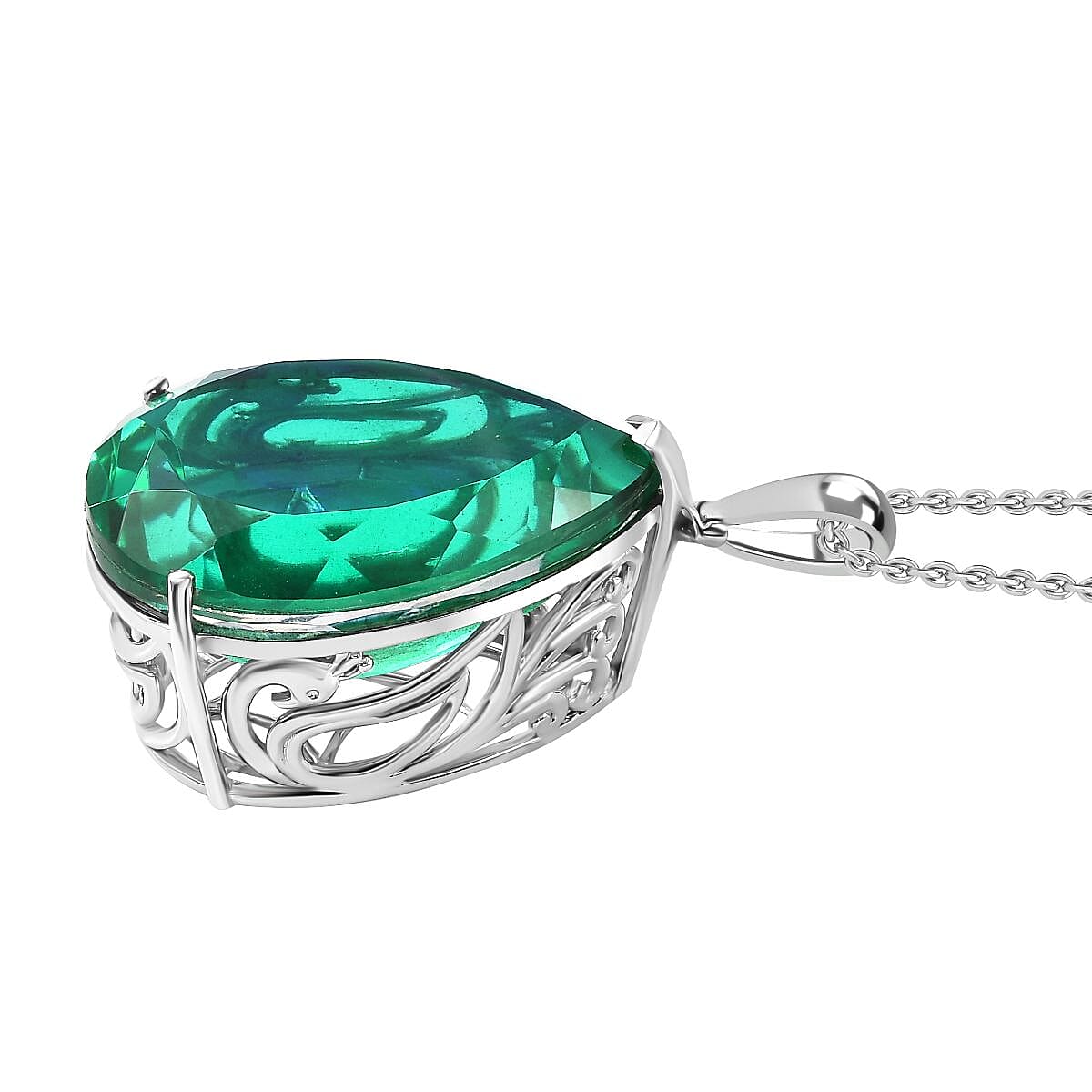Peacock Triplet Quartz Teardrop Pendant with Chain (Size 20) in Rhodium Sterling Silver 4305994 4