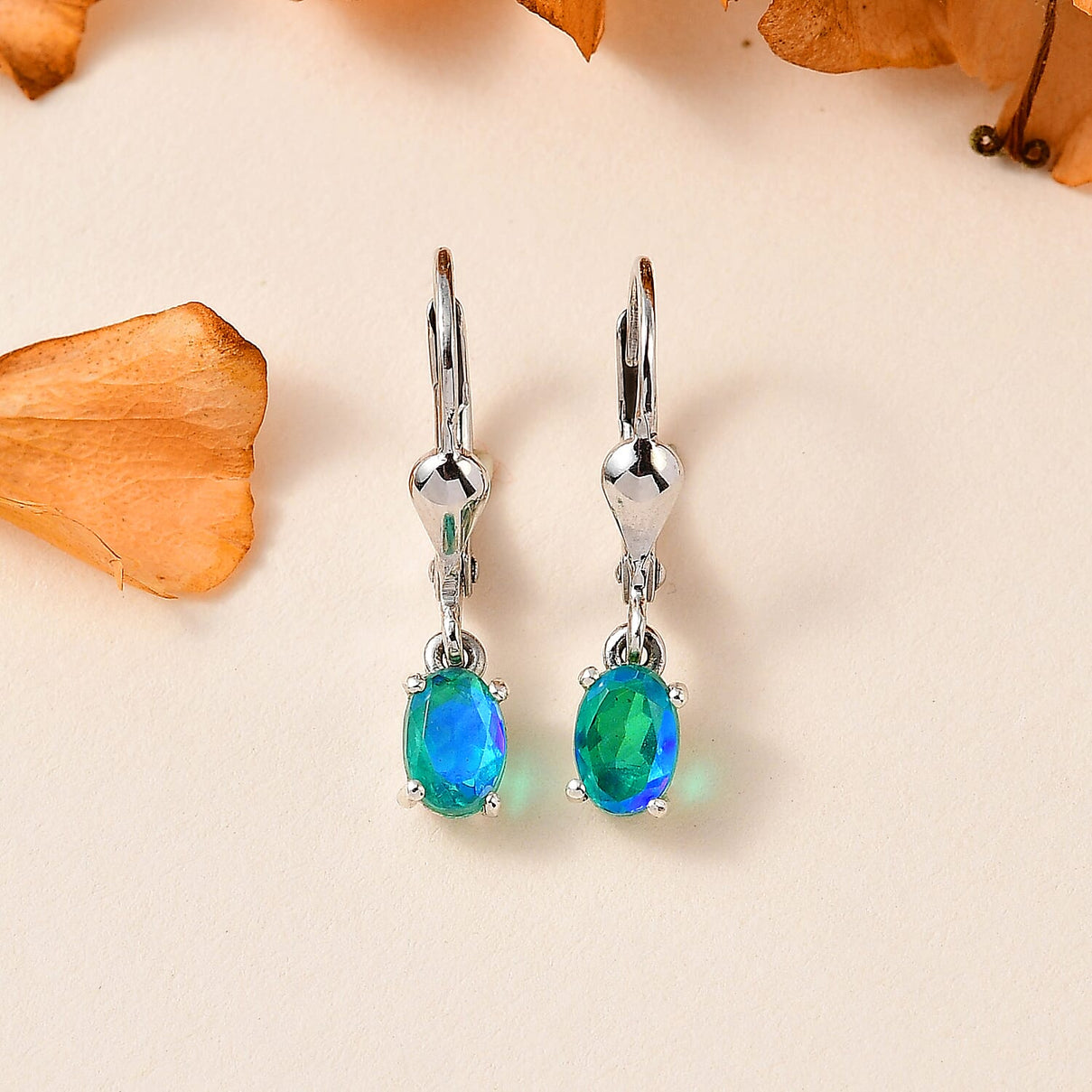 Peacock Triplet Quartz Solitaire Earrings in Platinum Overlay Sterling Silver 1.10 Ct 7711459 1