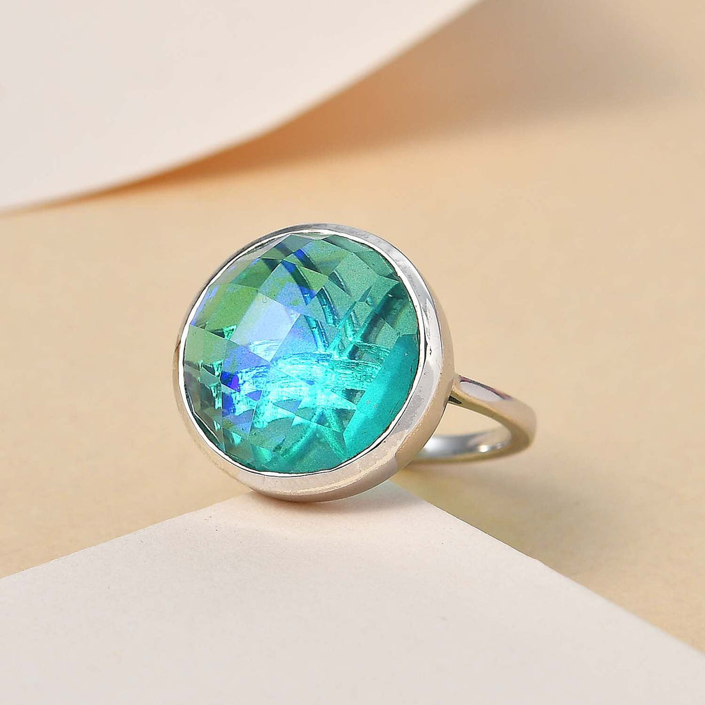 Peacock Triplet Quartz Solitaire Ring in Platinum Overlay Sterling Silver 13.15 Ct.