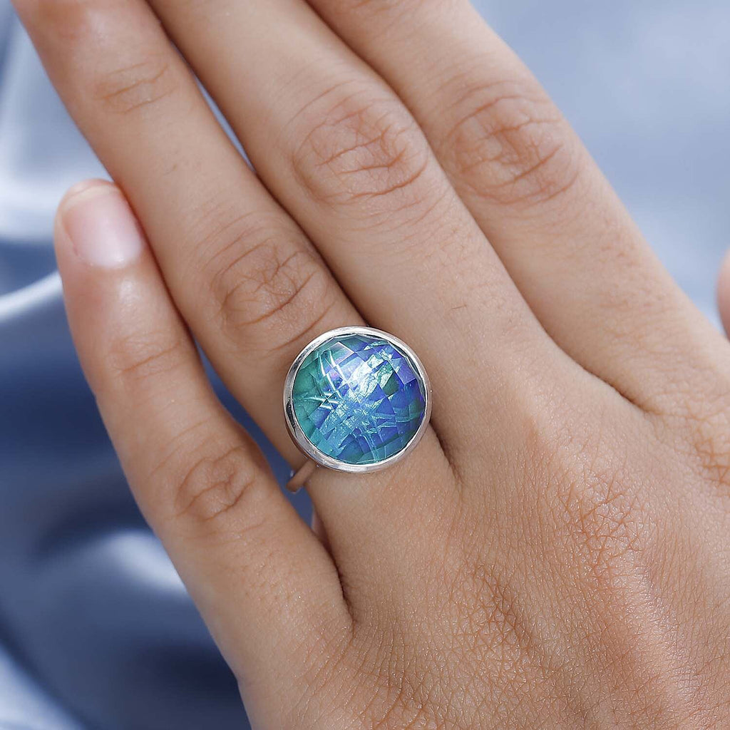 Peacock Triplet Quartz Solitaire Ring in Platinum Overlay Sterling Silver 13.15 Ct.