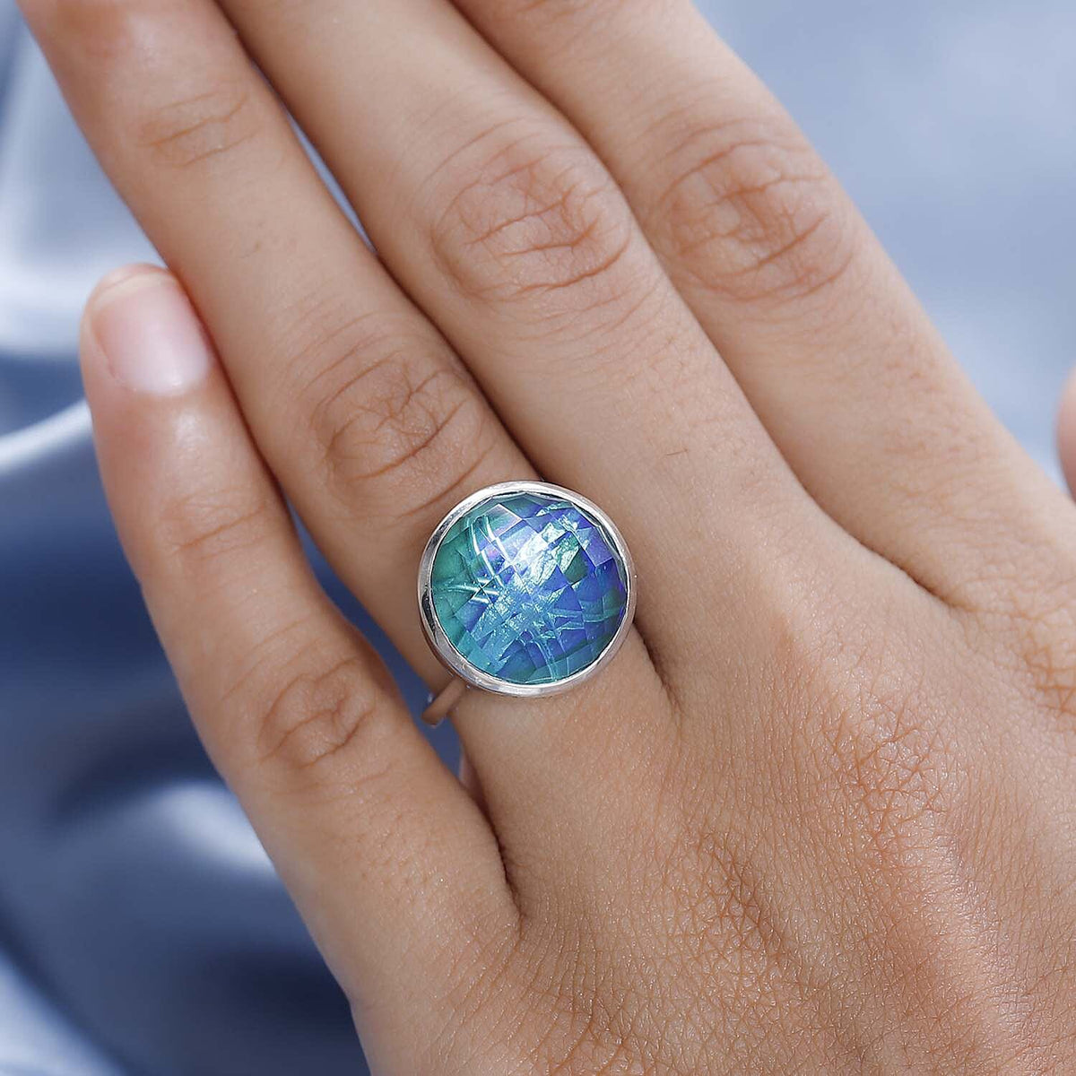 Peacock Triplet Quartz Solitaire Ring in Platinum Overlay Sterling Silver 13.15 Ct. 7620805 2
