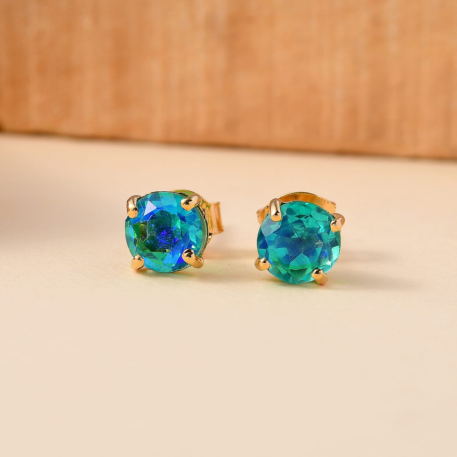 Peacock Triplet Quartz Solitaire Stud Push Post Earrings in 14K Yellow Gold Overlay Sterling Silver 7862388 2