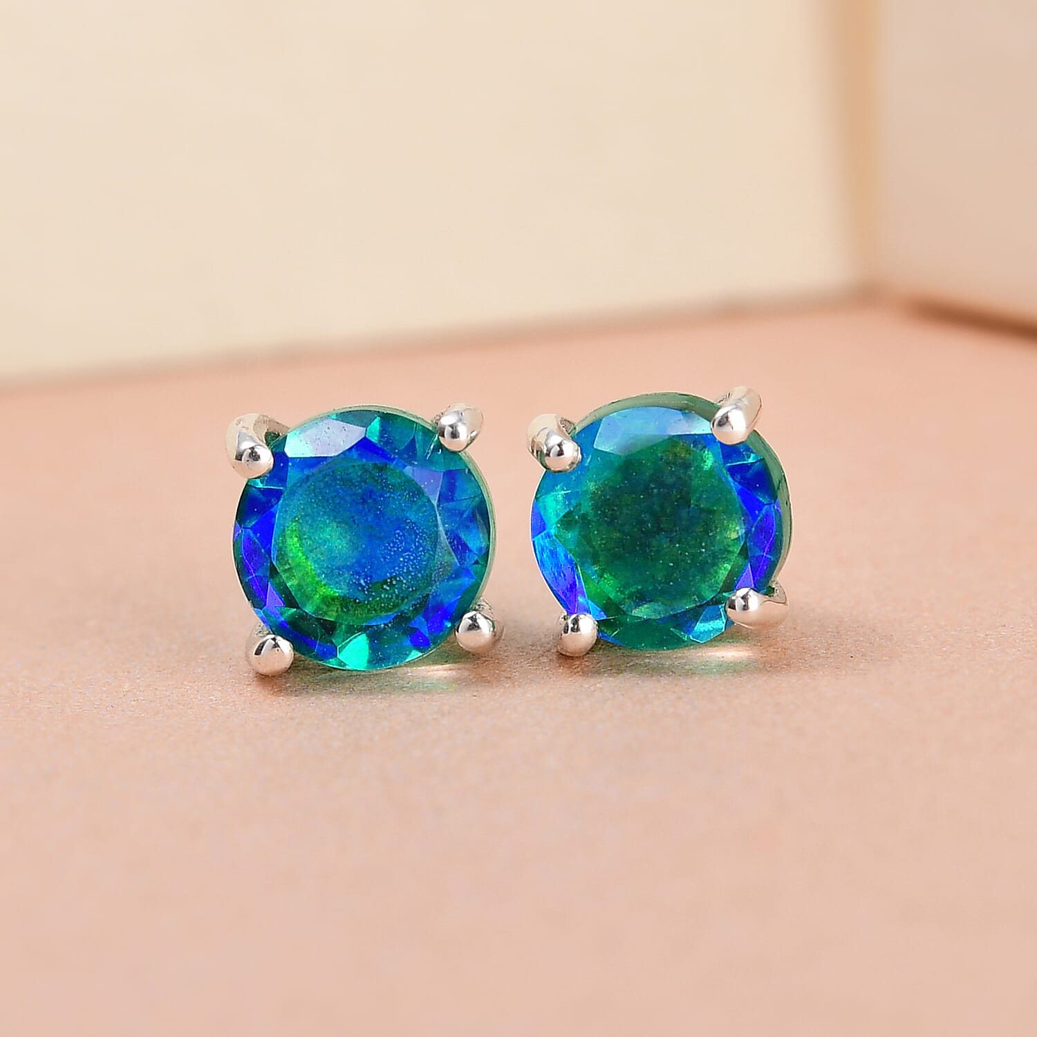 Peacock Triplet Quartz Stud Earrings (With Push Back) in Platinum Overlay Sterling Silver 1.85 Ct. 7028026 2