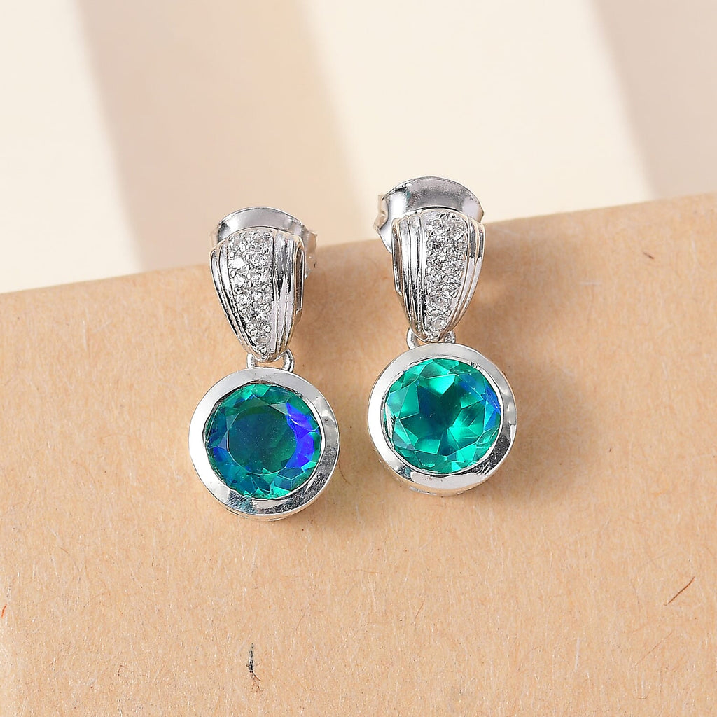 Peacock Triplet Quartz, White Zircon Dangling Earring in Rhodium Sterling Silver 3.30 ct
