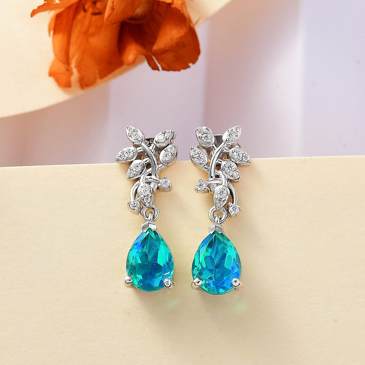 Peacock Triplet Quartz and White Zircon Dangling Earrings in Rhodium Overlay Sterling Silver 7886539 2