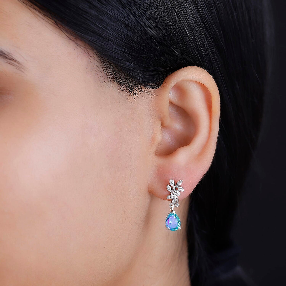 Peacock Triplet Quartz and White Zircon Dangling Earrings in Rhodium Overlay Sterling Silver 7886539 3