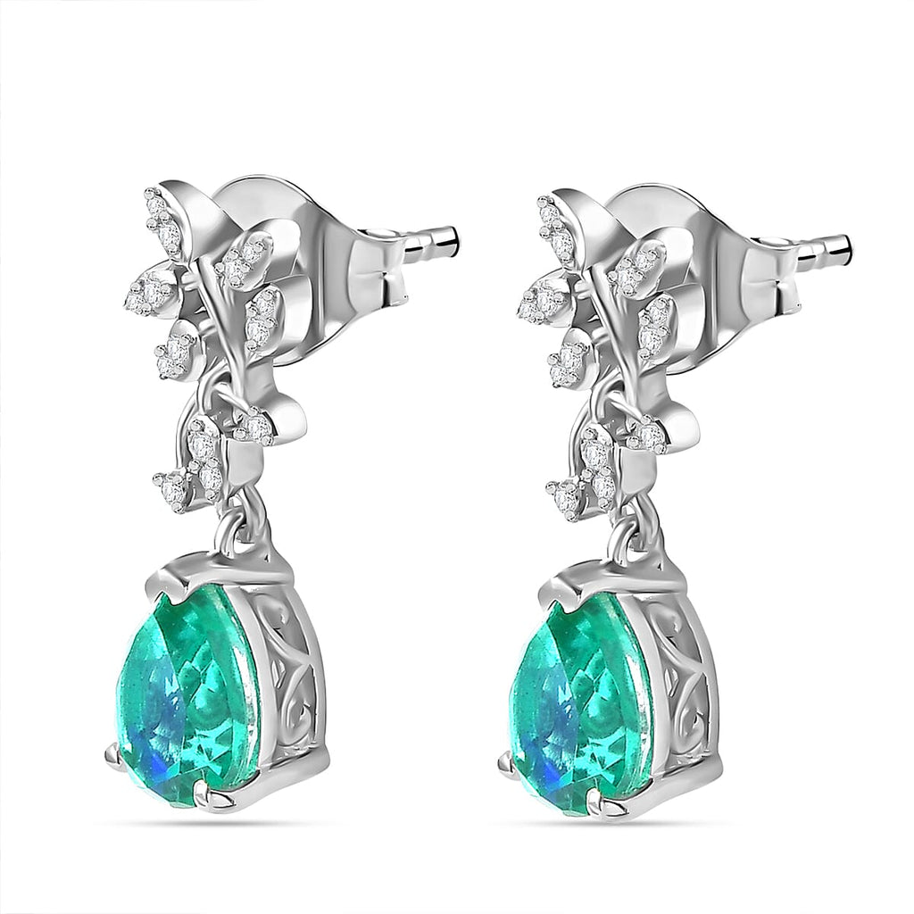 Peacock Triplet Quartz & White Zircon Dangling Earring in Rhodium Overlay Sterling Silver 2.83 Ct.