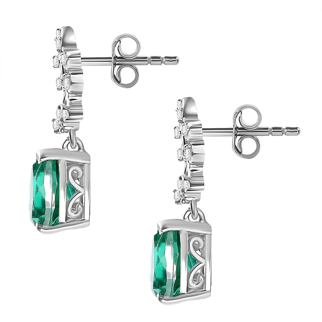 Peacock Triplet Quartz & White Zircon Dangling Earring in Rhodium Overlay Sterling Silver 2.83 Ct.