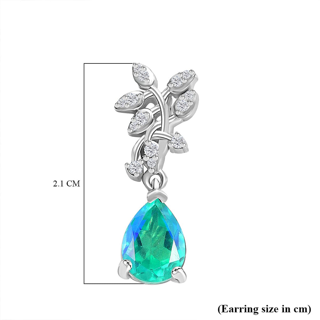 Peacock Triplet Quartz & White Zircon Dangling Earring in Rhodium Overlay Sterling Silver 2.83 Ct.