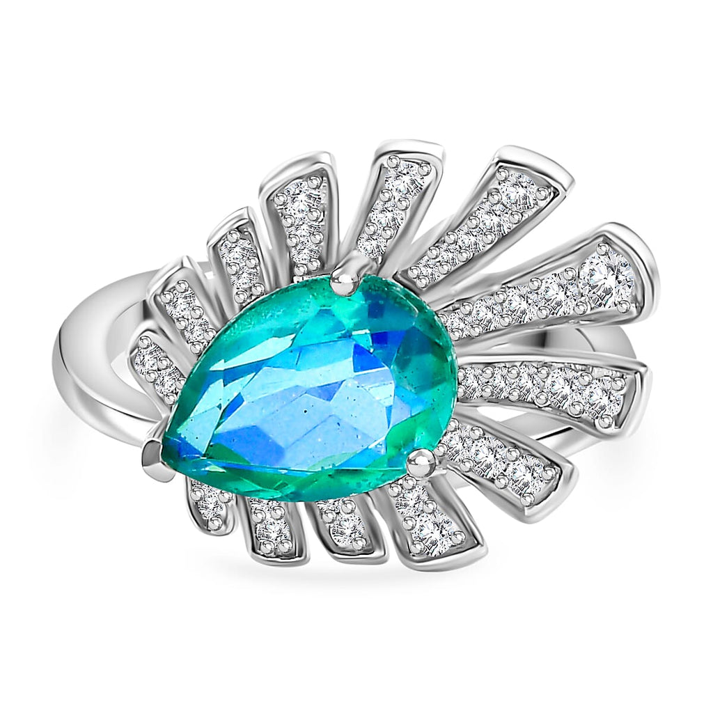 Peacock Triplet Quartz, White Zircon Fancy Ring in Rhodium Sterling Silver 2.59 Ct.