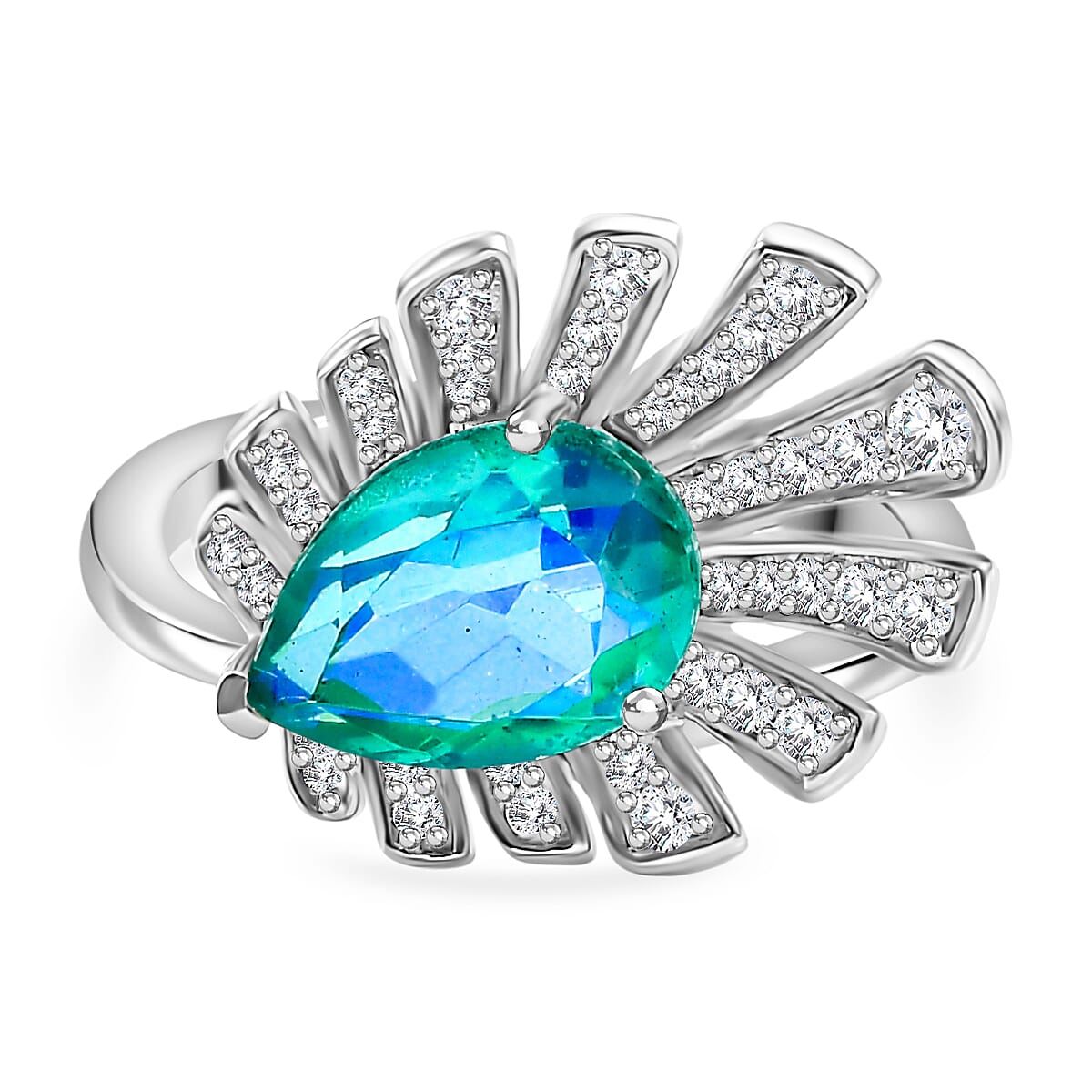 Peacock Triplet Quartz, White Zircon Ring in Rhodium Plated Sterling Silver 7893798 0