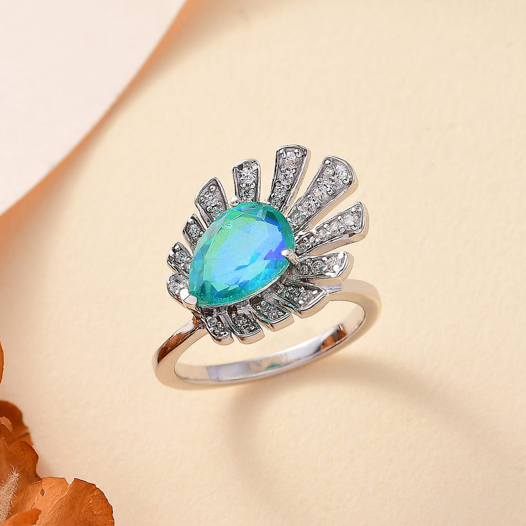 Peacock Triplet Quartz, White Zircon Fancy Ring in Rhodium Sterling Silver 2.59 Ct.
