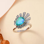 Peacock Triplet Quartz, White Zircon Fancy Ring in Rhodium Sterling Silver 2.59 Ct.