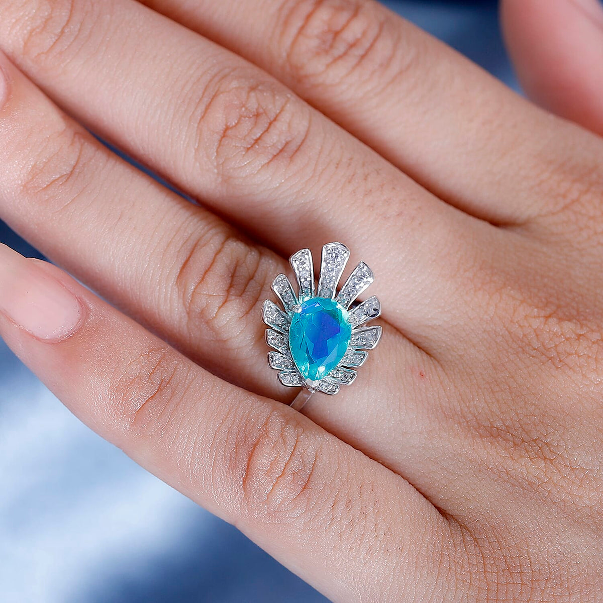 Peacock Triplet Quartz, White Zircon Ring in Rhodium Plated Sterling Silver 7893798 2