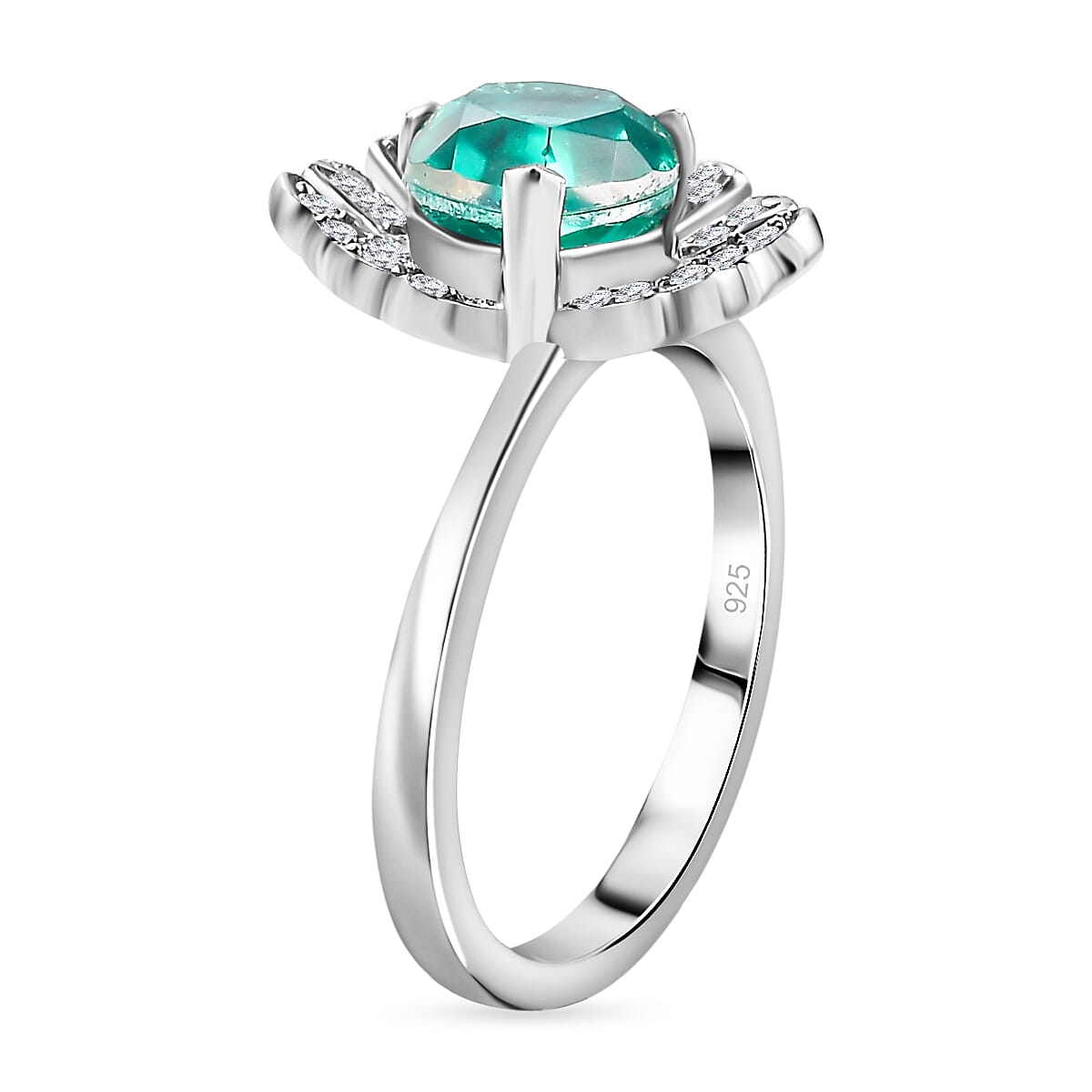 Peacock Triplet Quartz, White Zircon Ring in Rhodium Plated Sterling Silver 7893798 3