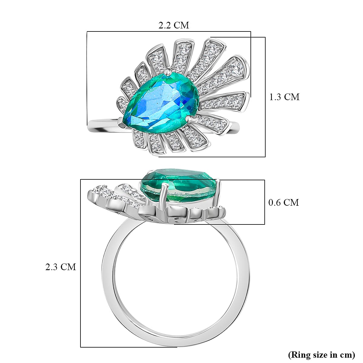 Peacock Triplet Quartz, White Zircon Ring in Rhodium Plated Sterling Silver 7893798 5