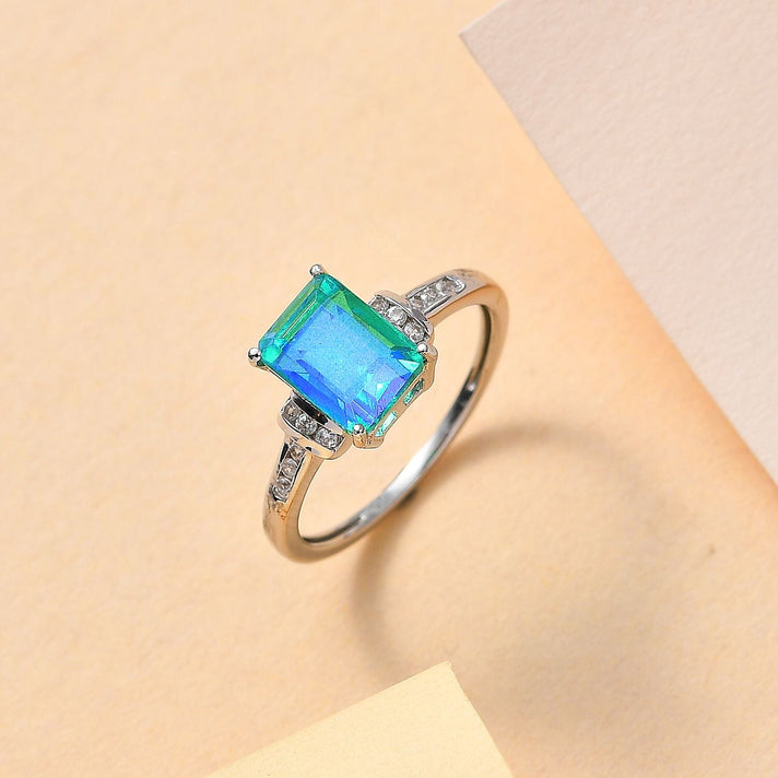 Peacock Triplet Quartz &amp; Natural Zircon Ring in Platinum Overlay Sterling Silver 2.32 Ct. 7544937 2