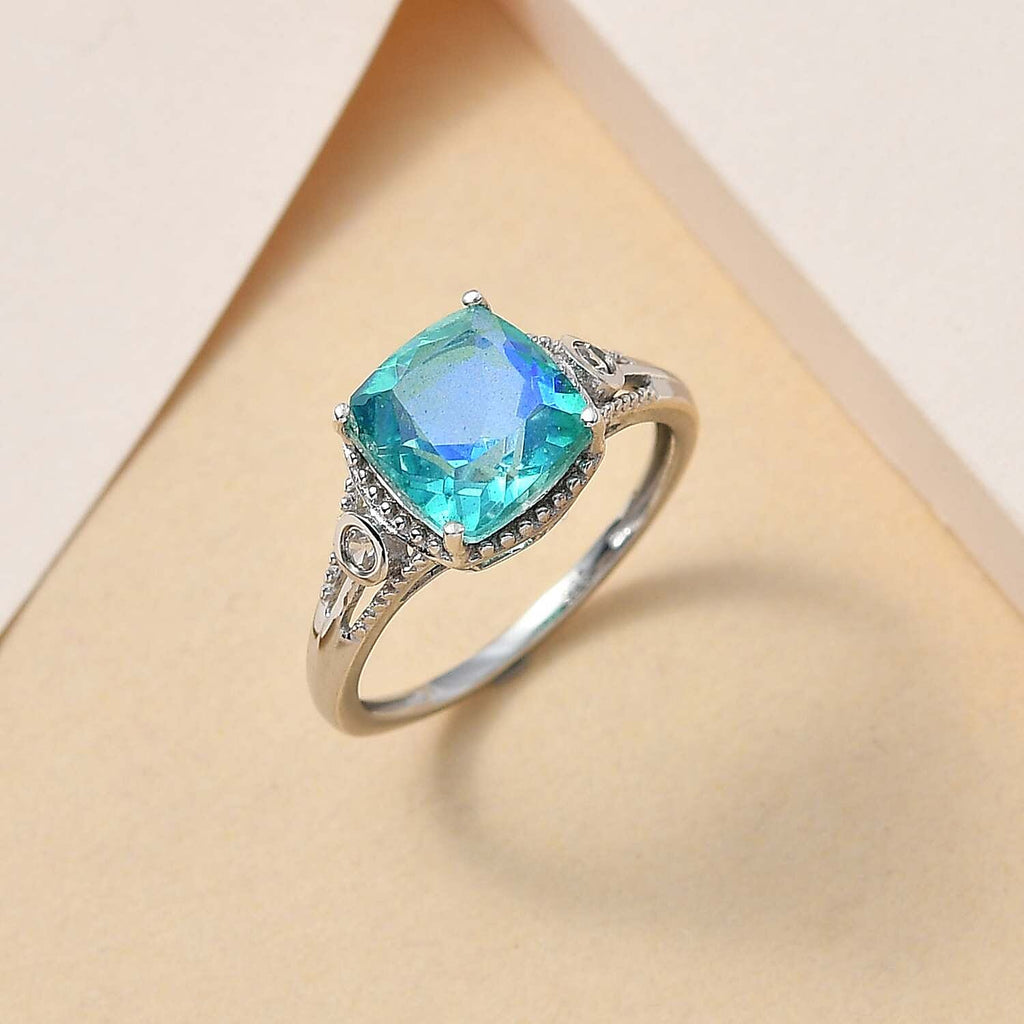 Peacock Triplet Quartz & Natural Zircon Ring in Platinum Overlay Sterling Silver
