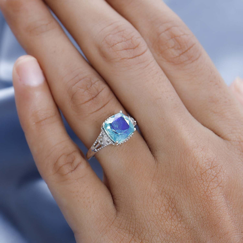 Peacock Triplet Quartz & Natural Zircon Ring in Platinum Overlay Sterling Silver