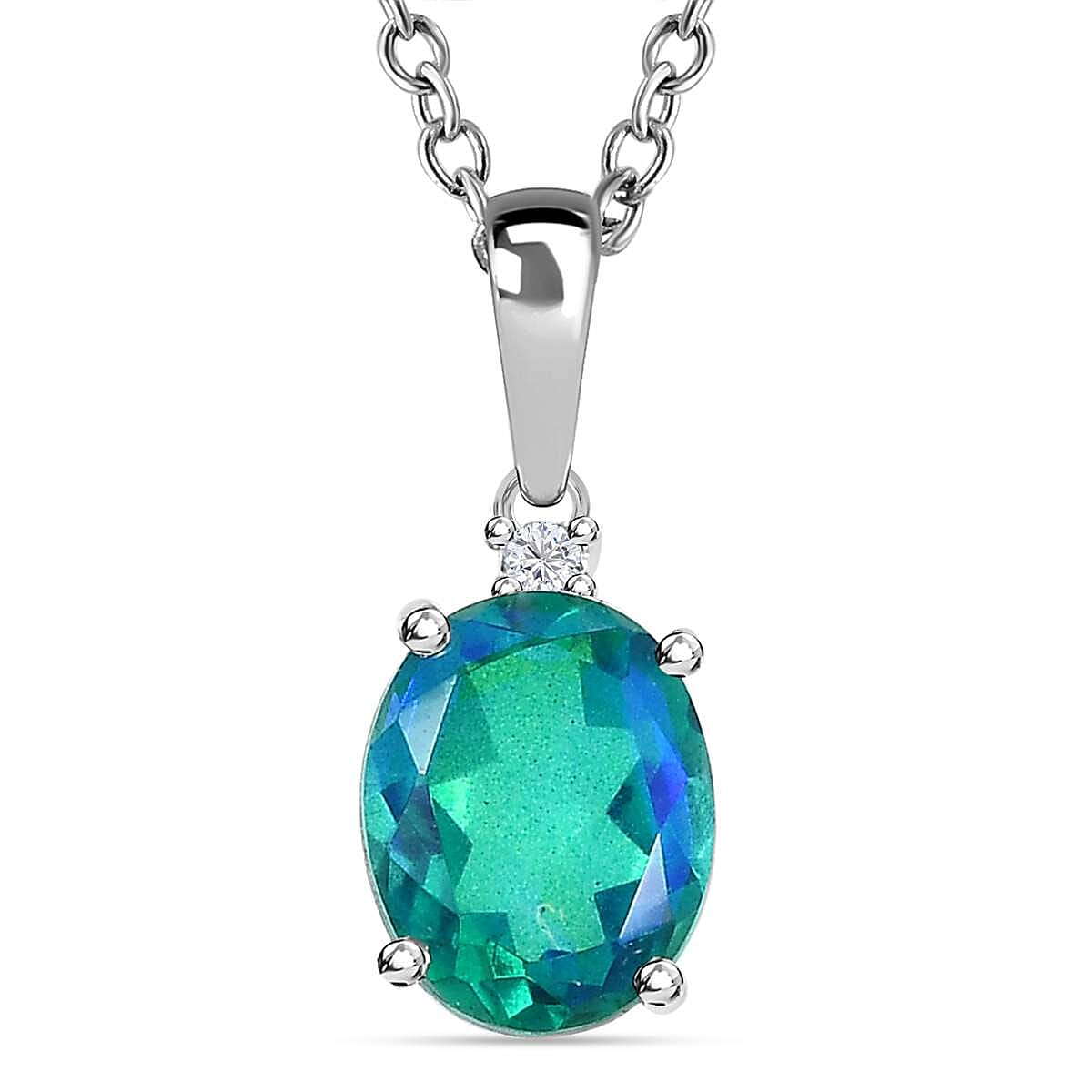 Peacock Triplet Quartz &amp; Natural Zircon Sterling Silver Pendant with Stainless Steel Chain (Size 20) 2.22 Ct. 4211100 0