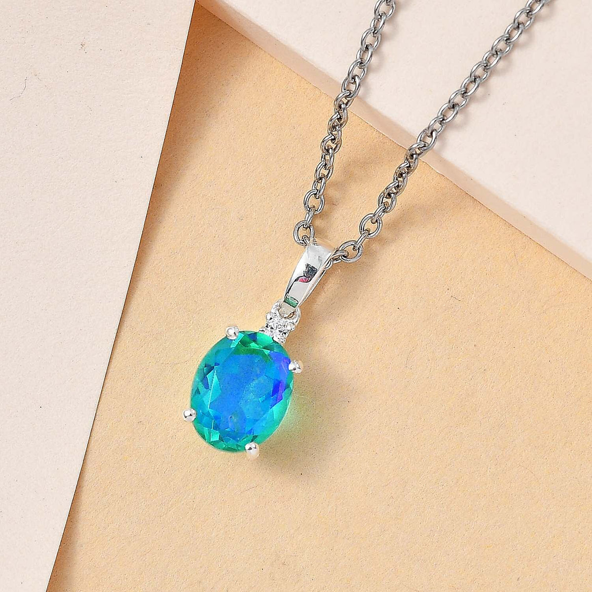 Peacock Triplet Quartz &amp; Natural Zircon Sterling Silver Pendant with Stainless Steel Chain (Size 20) 2.22 Ct. 4211100 2