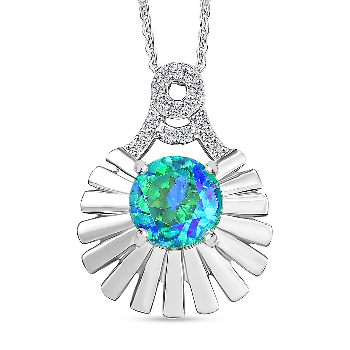 D'joy Peacock Triplet Quartz, White Zircon Pendant with Chain (Size 20) in Rhodium Overlay Sterling Silver 1.82 Ct. 4396049 0