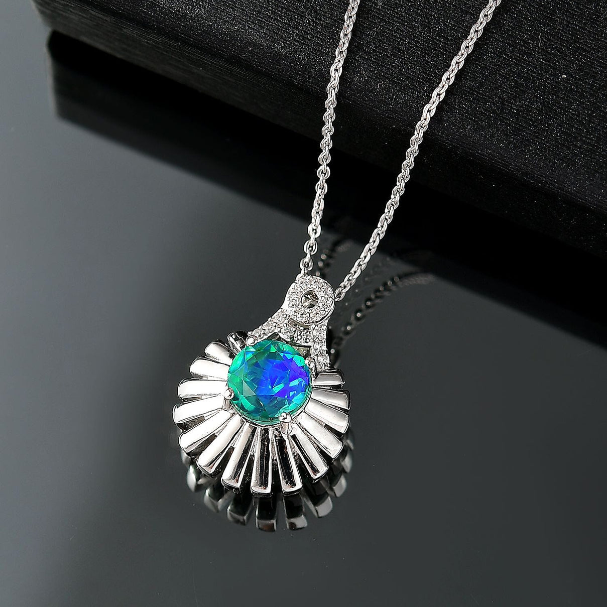 D'joy Peacock Triplet Quartz, White Zircon Pendant with Chain (Size 20) in Rhodium Overlay Sterling Silver 1.82 Ct. 4396049 2