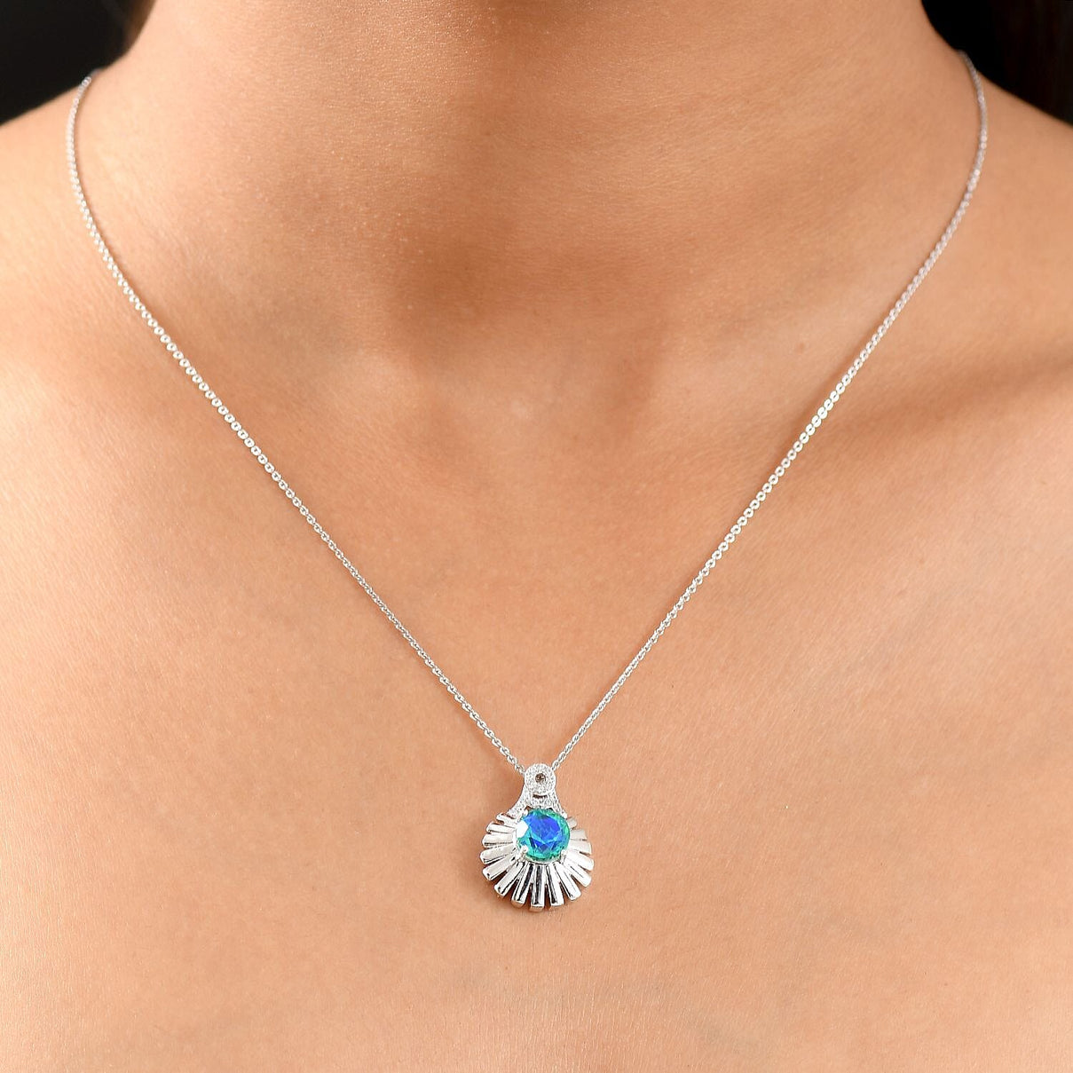 D'joy Peacock Triplet Quartz, White Zircon Pendant with Chain (Size 20) in Rhodium Overlay Sterling Silver 1.82 Ct. 4396049 3