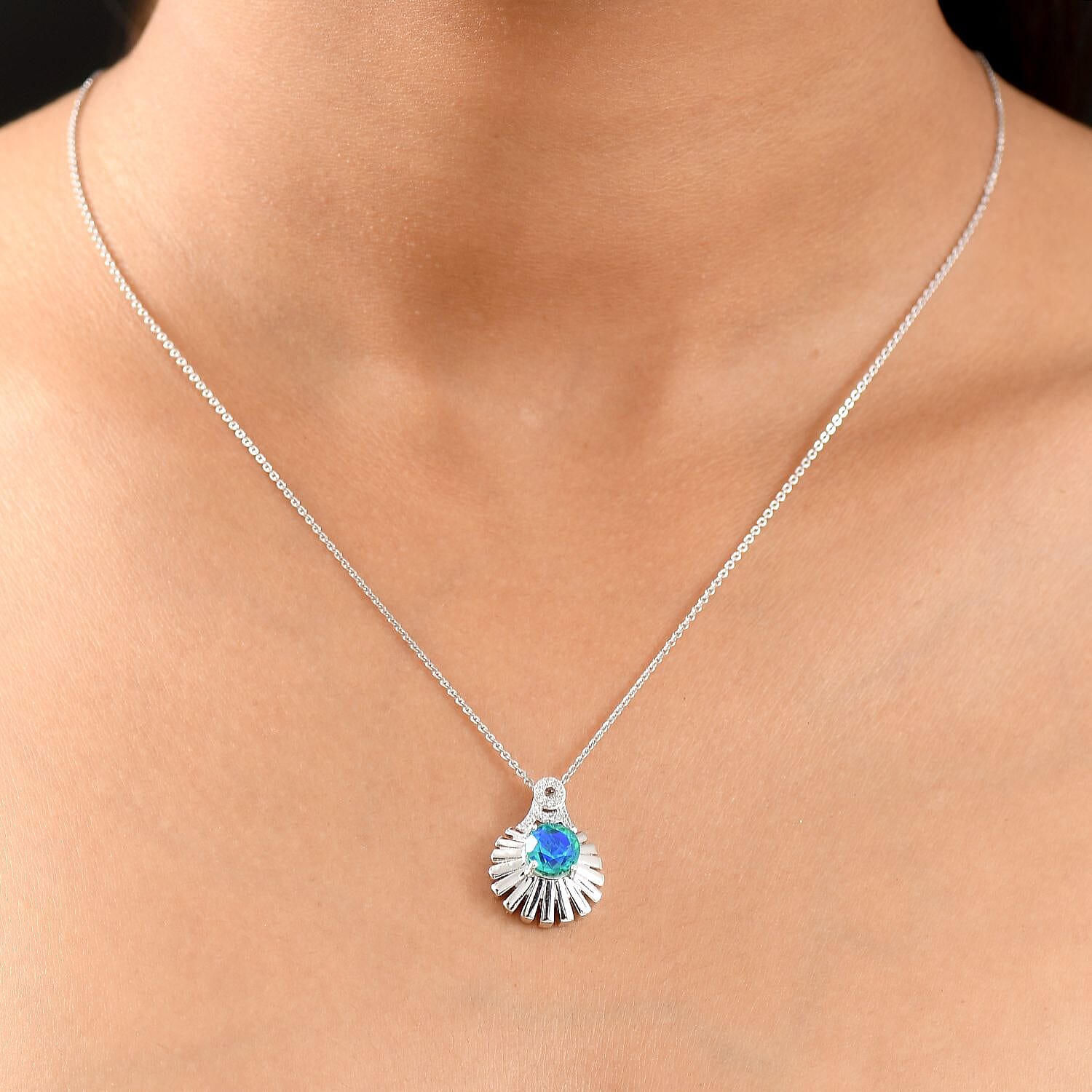 D'joy Peacock Triplet Quartz, White Zircon Pendant with Chain (Size 20) in Rhodium Overlay Sterling Silver 1.82 Ct. 4396049 3