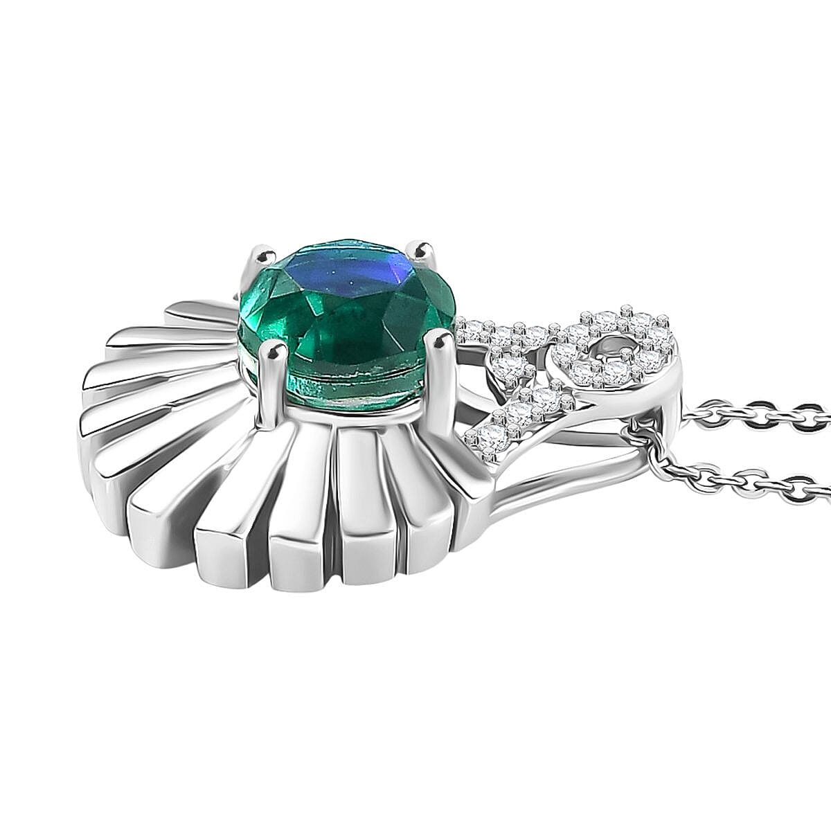 D'joy Peacock Triplet Quartz, White Zircon Pendant with Chain (Size 20) in Rhodium Overlay Sterling Silver 1.82 Ct. 4396049 4