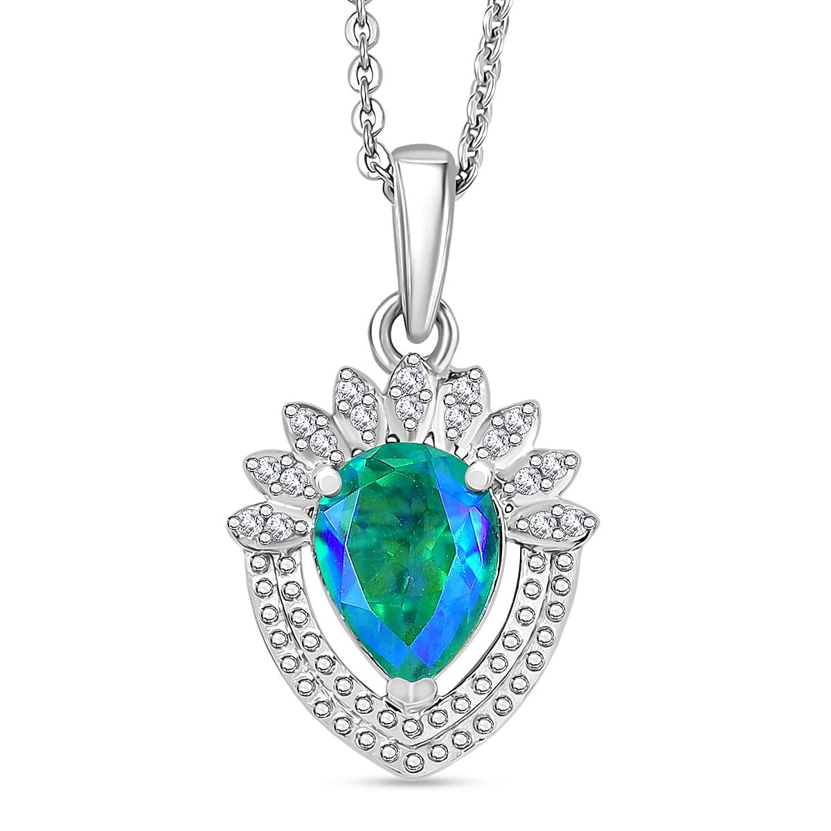 D'joy Peacock Triplet Quartz &amp; White Zircon Pendant with Chain (Size 20) in Rhodium Overlay Sterling Silver 1.26 Ct. 4396057 0