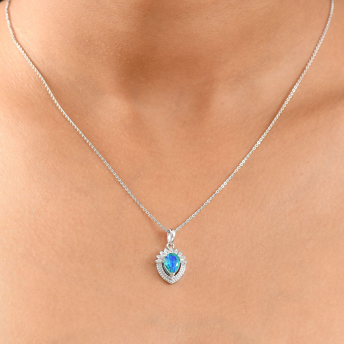 D'joy Peacock Triplet Quartz &amp; White Zircon Pendant with Chain (Size 20) in Rhodium Overlay Sterling Silver 1.26 Ct. 4396057 2