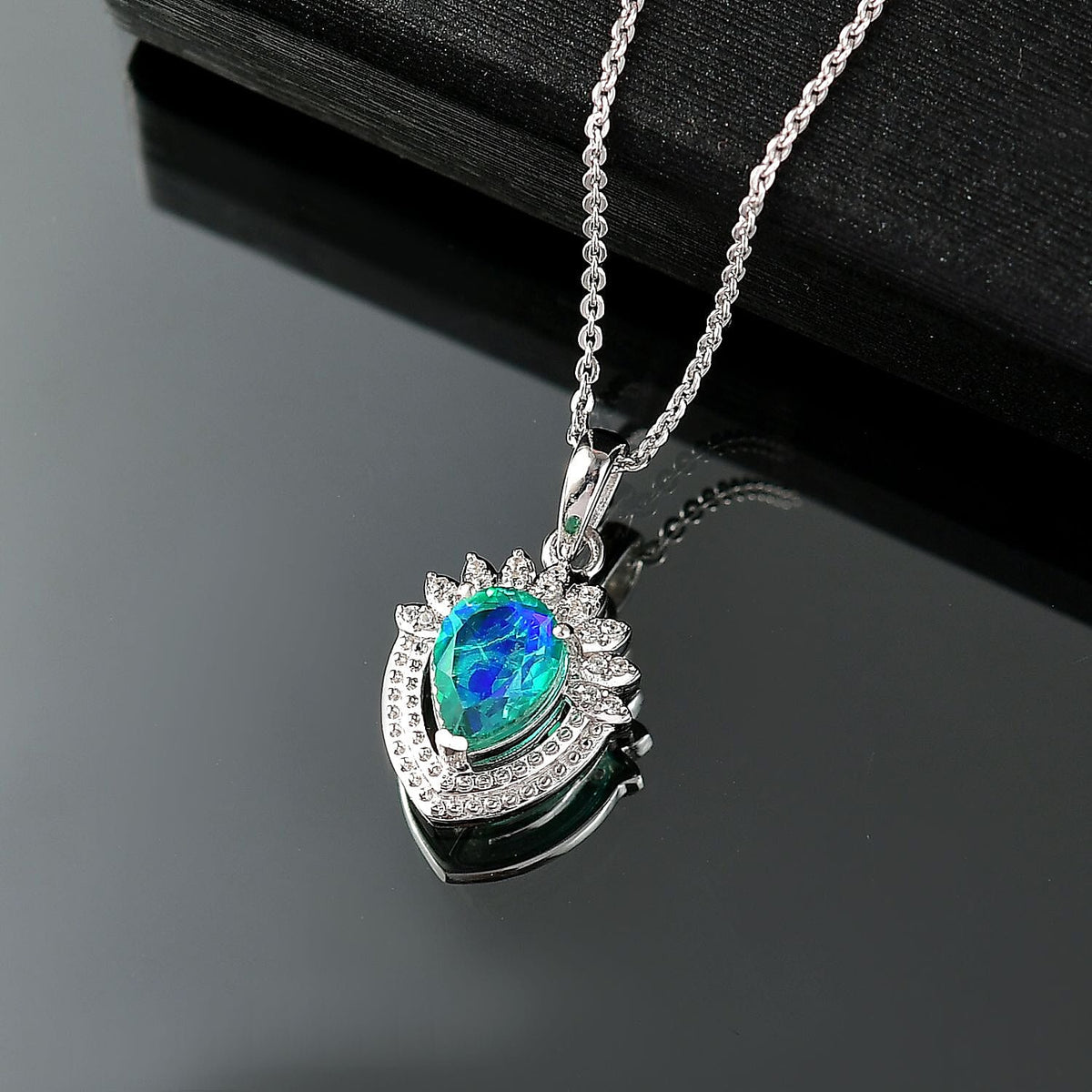 D'joy Peacock Triplet Quartz &amp; White Zircon Pendant with Chain (Size 20) in Rhodium Overlay Sterling Silver 1.26 Ct. 4396057 3