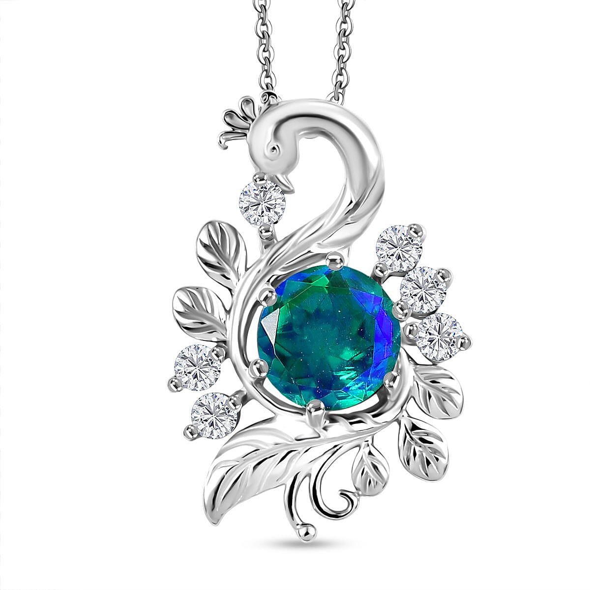 D'joy Peacock Triplet Quartz &amp; White Zircon Pendant with Chain (Size 20) in Rhodium Overlay Sterling Silver 1.76 Ct. 4396248 0