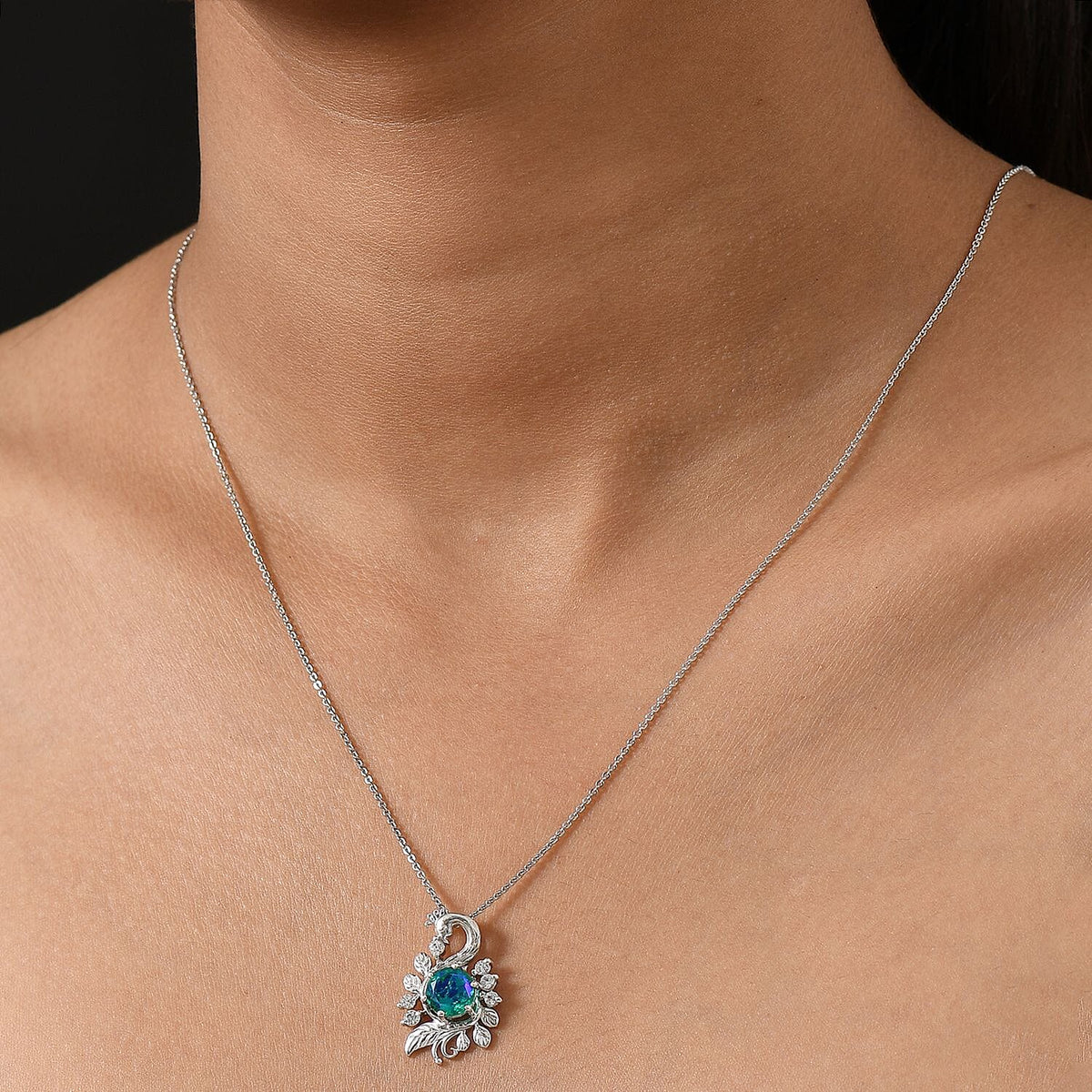 D'joy Peacock Triplet Quartz &amp; White Zircon Pendant with Chain (Size 20) in Rhodium Overlay Sterling Silver 1.76 Ct. 4396248 2