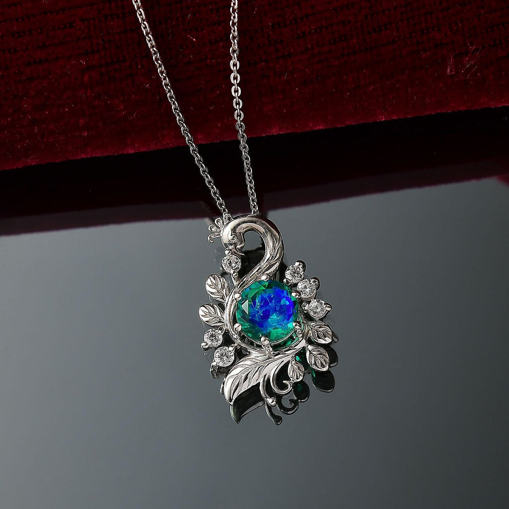 D'joy Peacock Triplet Quartz & White Zircon Pendant with Chain (Size 20) in Rhodium Overlay Sterling Silver 1.76 Ct.