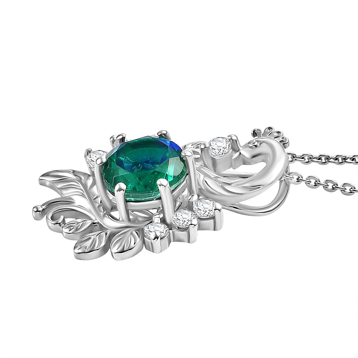 D'joy Peacock Triplet Quartz &amp; White Zircon Pendant with Chain (Size 20) in Rhodium Overlay Sterling Silver 1.76 Ct. 4396248 4