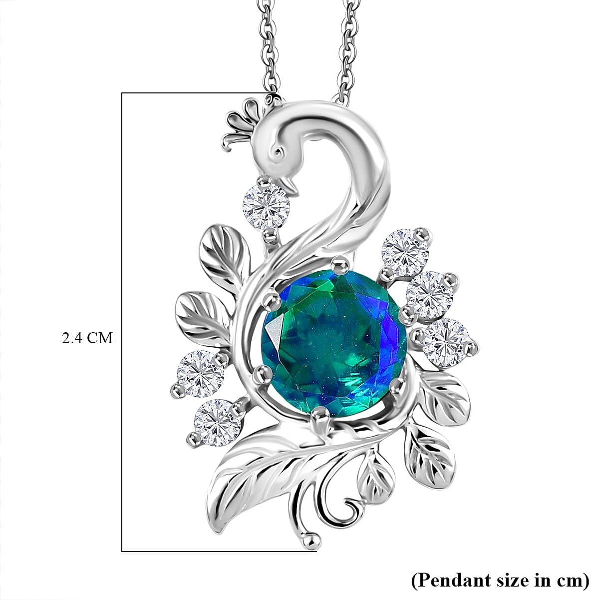 D'joy Peacock Triplet Quartz &amp; White Zircon Pendant with Chain (Size 20) in Rhodium Overlay Sterling Silver 1.76 Ct. 4396248 6