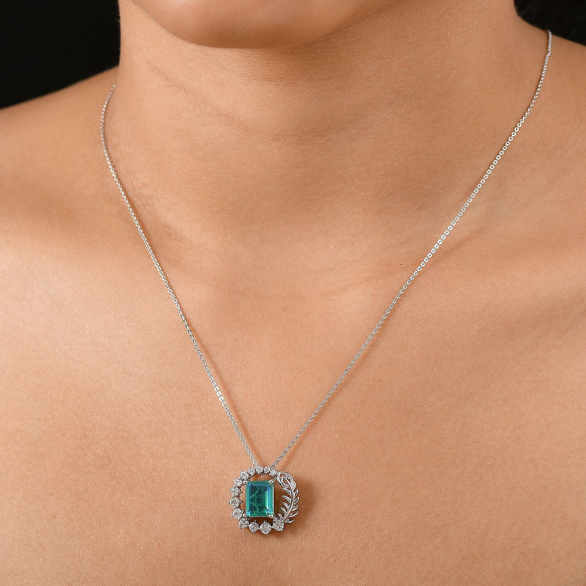 D'joy Peacock Triplet Quartz &amp; White Zircon Pendant with Chain (Size 20) in Rhodium Overlay Sterling Silver 3.94 Ct. 4397682 2