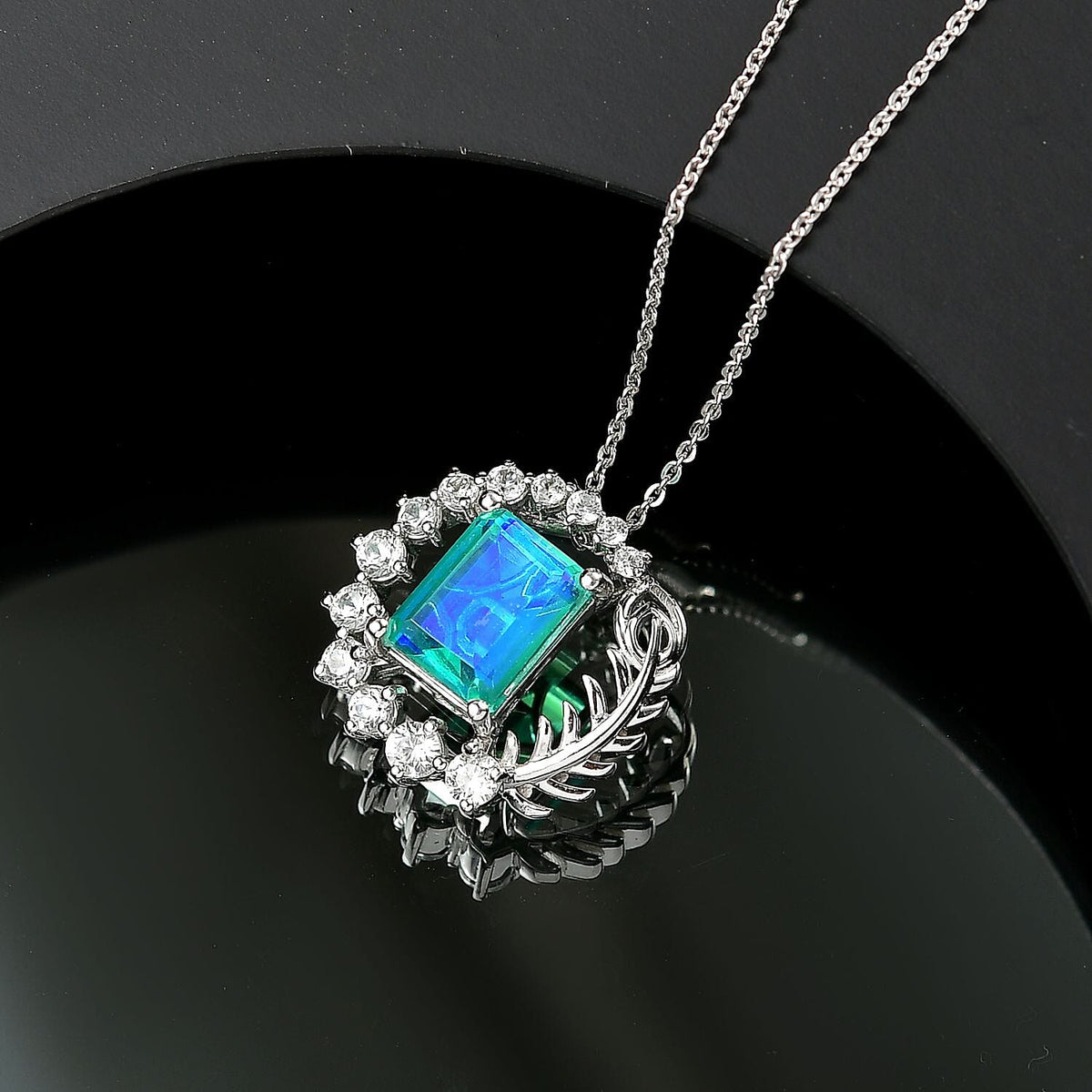 D'joy Peacock Triplet Quartz &amp; White Zircon Pendant with Chain (Size 20) in Rhodium Overlay Sterling Silver 3.94 Ct. 4397682 3