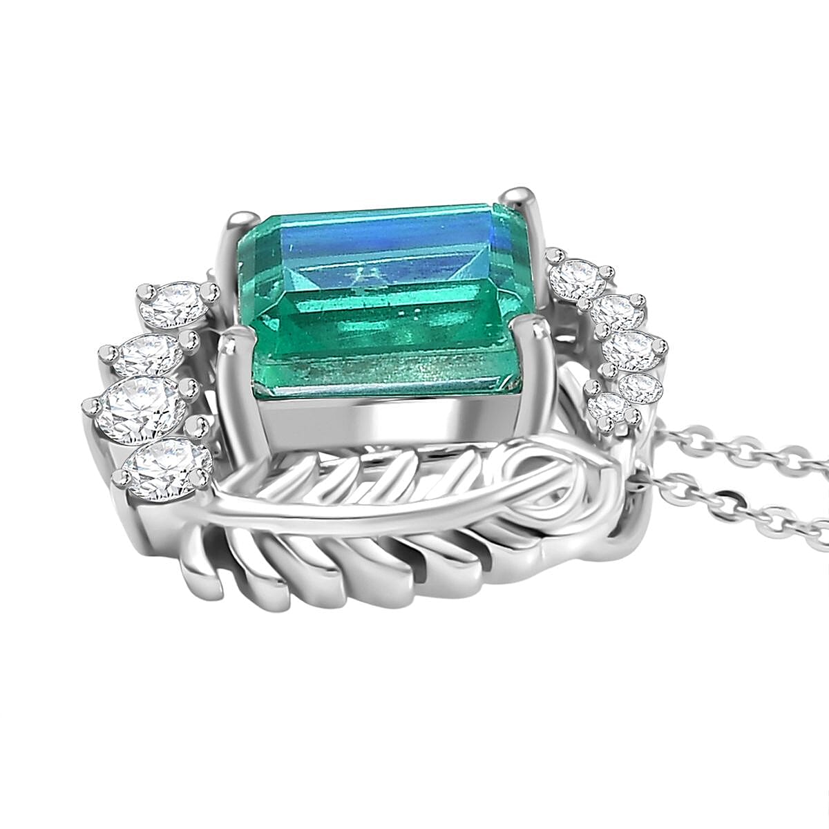 D'joy Peacock Triplet Quartz &amp; White Zircon Pendant with Chain (Size 20) in Rhodium Overlay Sterling Silver 3.94 Ct. 4397682 4