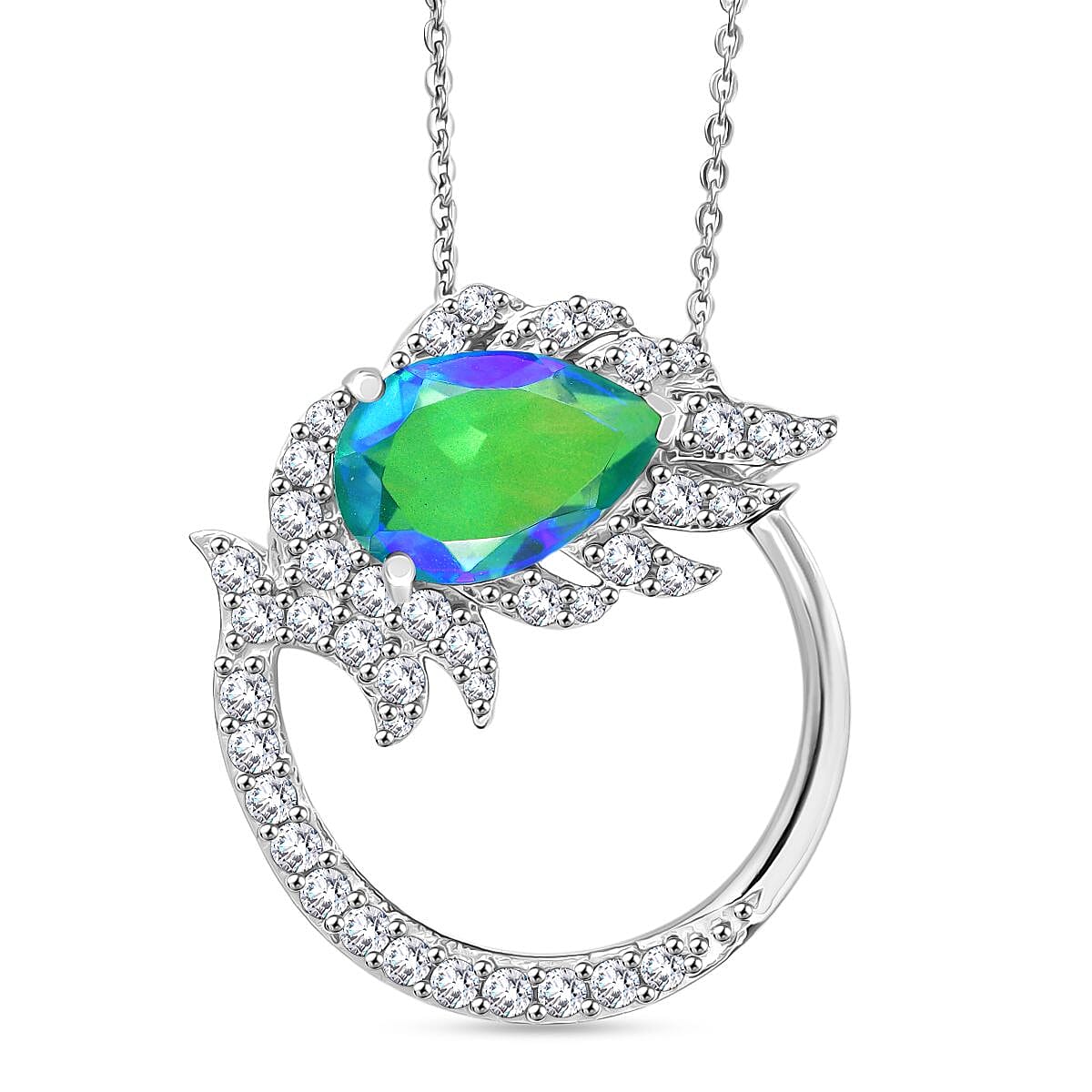 Peacock Triplet Quartz &amp; White Zircon Pendant with Chain (Size 20) in Rhodium Overlay Sterling Silver 4.56 Ct. 4397710 0