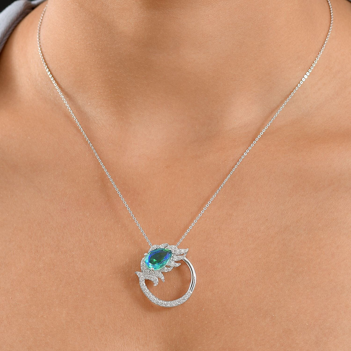 Peacock Triplet Quartz &amp; White Zircon Pendant with Chain (Size 20) in Rhodium Overlay Sterling Silver 4.56 Ct. 4397710 2